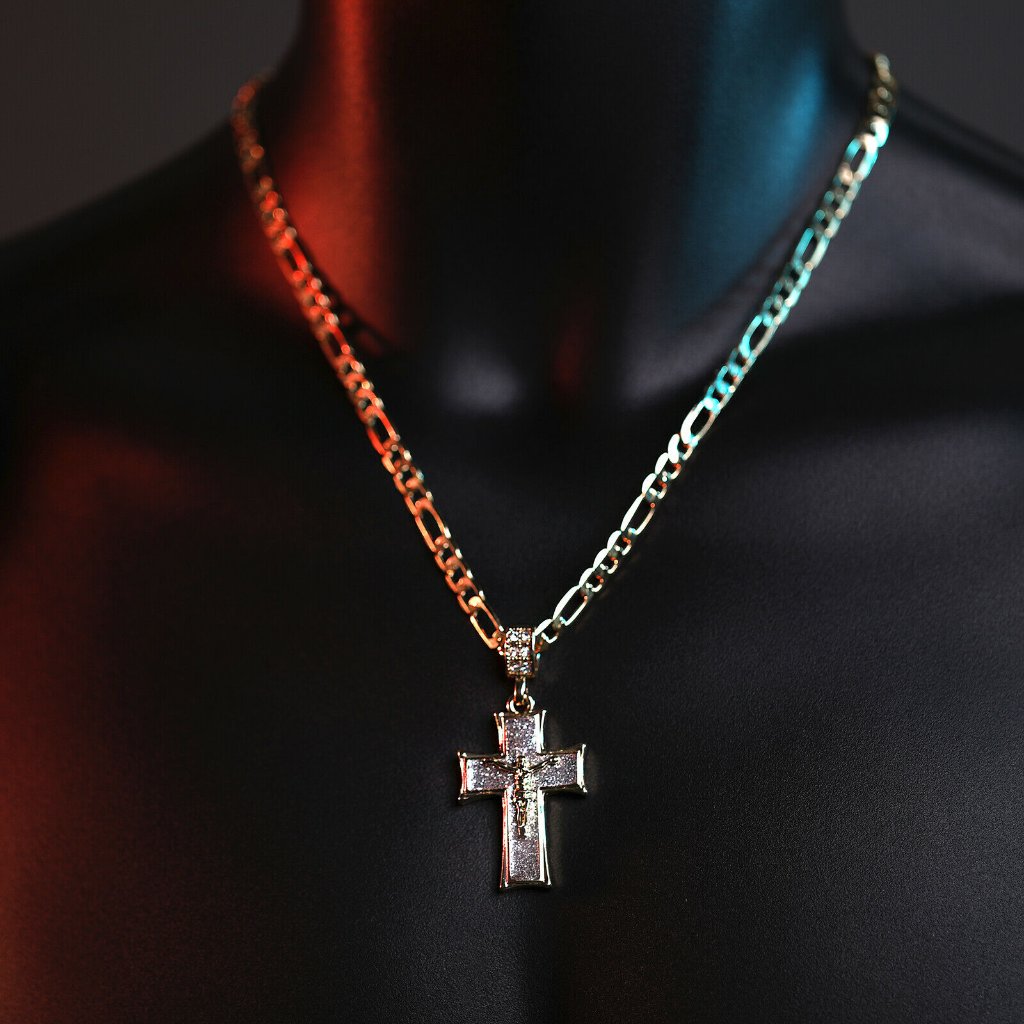 Iced 14k Gold Men's Jesus Cross Pendant + Chain
